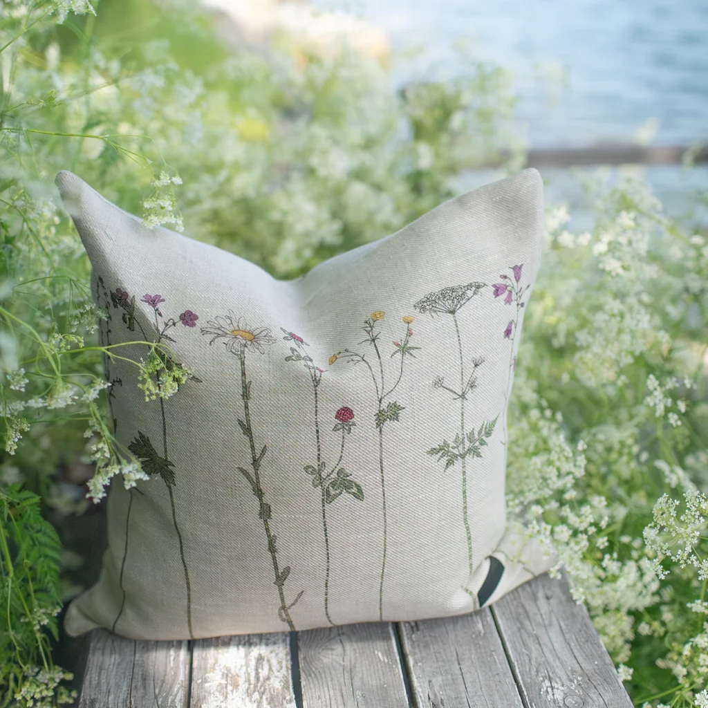 Beige kudde i 100 % linne med blommor som mönster, tillverkad av NORDRÅ Sweden som säljer presenter och inredning.