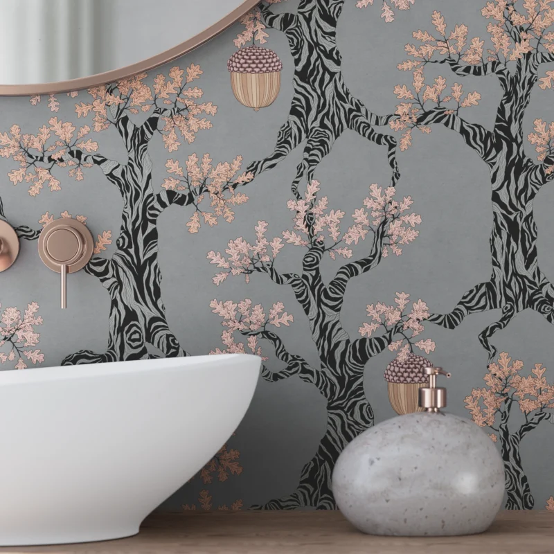 Måttbeställd tapet med unik mönsterdesign EkSkog i färgen DimGrå från NORDRÅ Sweden. Svensk inredning och tapeter