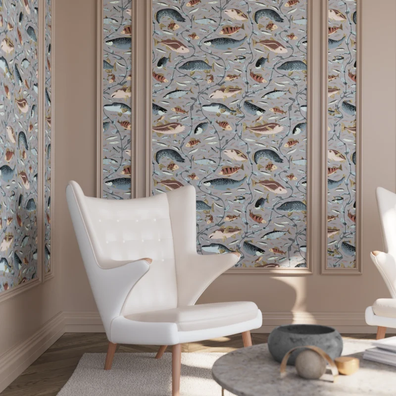 Måttbeställd tapet med unik mönsterdesign HavsLiv i färgen KolGrå från NORDRÅ Sweden. Svensk inredning och tapeter