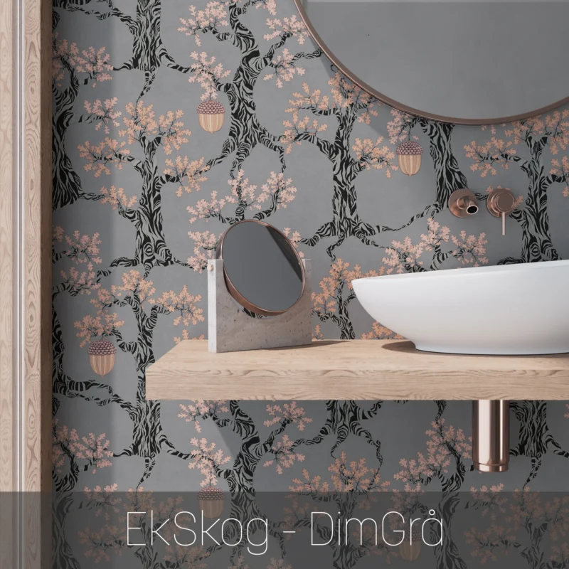 Tapet i non-woven med unik mönsterdesign av EkSkog i färgen DimGrå från NORDRÅ Sweden. Svensk inredning och presenter.