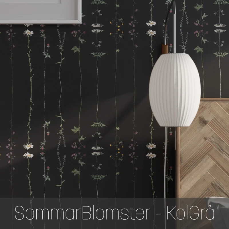 Tapet i non-woven med unik mönsterdesign av SommarBlomster i färgen KolGrå från NORDRÅ Sweden. Svensk inredning och presenter.
