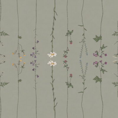 tapet med unik mönsterdesign sommarblomster i färgen åkergrön från NORDRÅ Sweden. Svensk inredning och tapeter